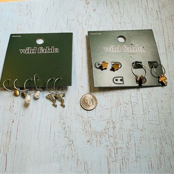 Wild Fable Dangle Earrings Silvertone Goldtone Hoops Pearls Mushrooms Dolphins - Picture 1 of 3